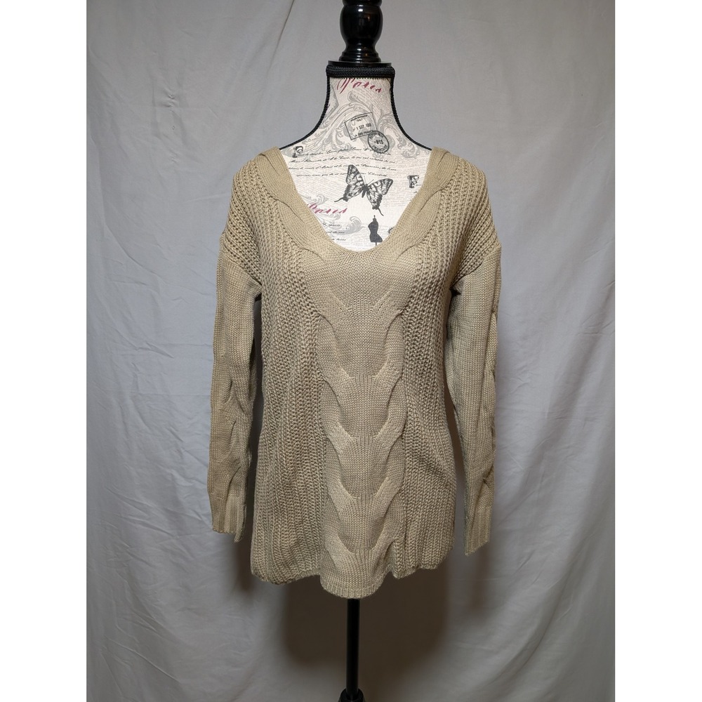 Women's Beige Tan Cable Knit Deep‎ V-Neck Sweater